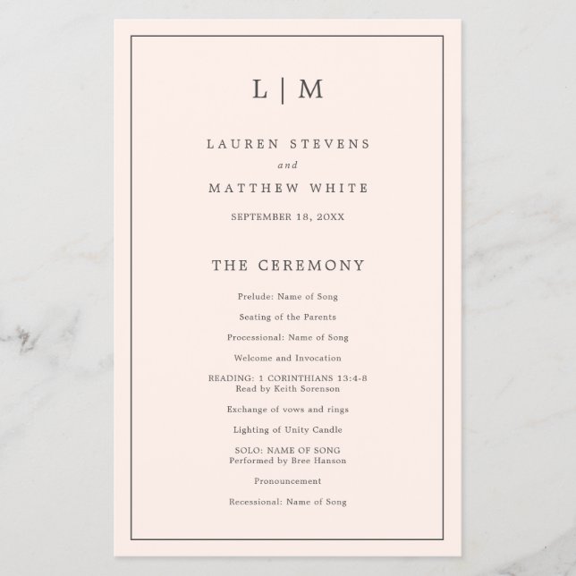 Flyer Programa de Casamento Elegante Monograma Rosa Simp (Frente)