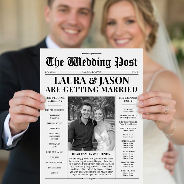 Flyer Programa de Casamento em Jornal Preto e Branco (Newspaper Wedding Program with Timeline Flyer)