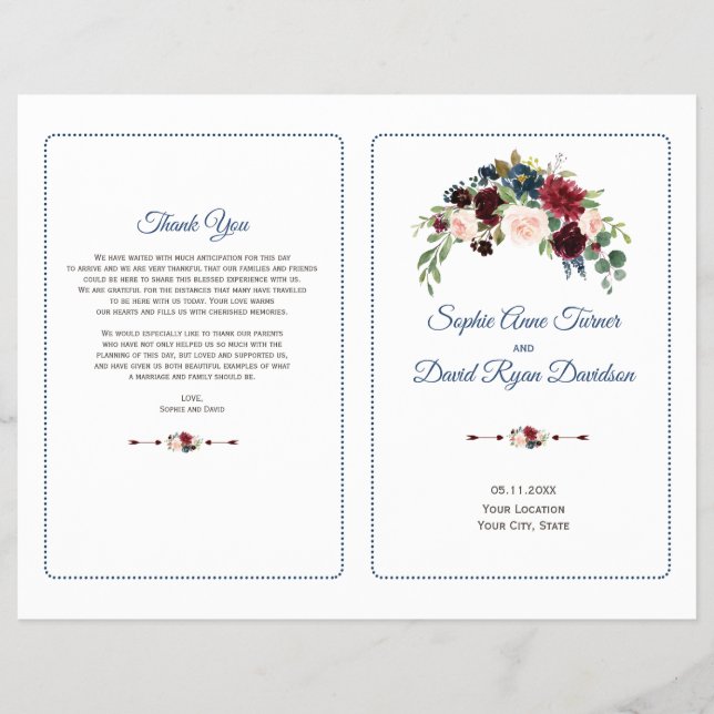 Flyer Programa de Casamento Floral Borgonha Marsala Rosa (Frente)