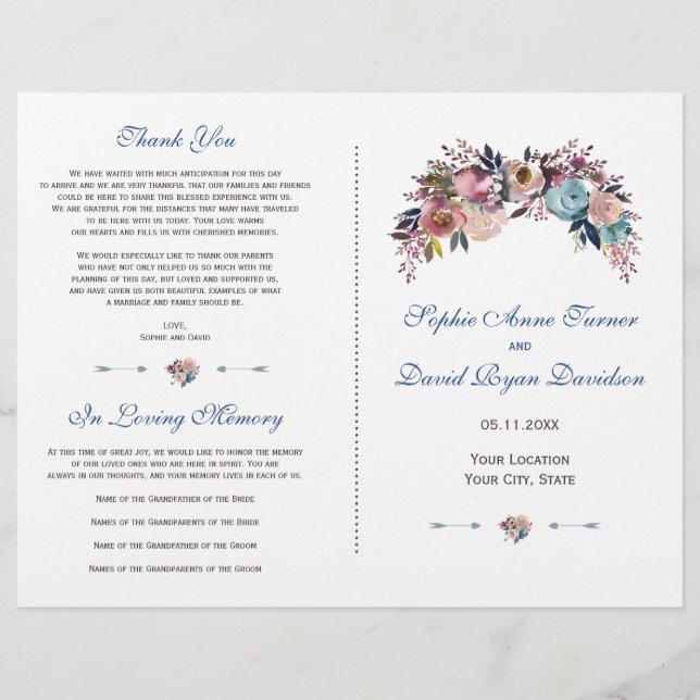 Flyer Programa de Casamento Floral Dusty Blue Misty Rosa (Frente)