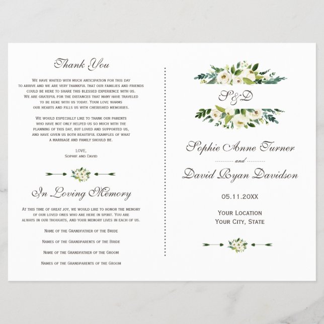 Flyer Programa de Casamento Floral Floral Charming White (Frente)