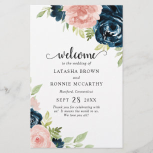 Flyer Programa de Casamento Floral Rosa Bege Azul Marinh