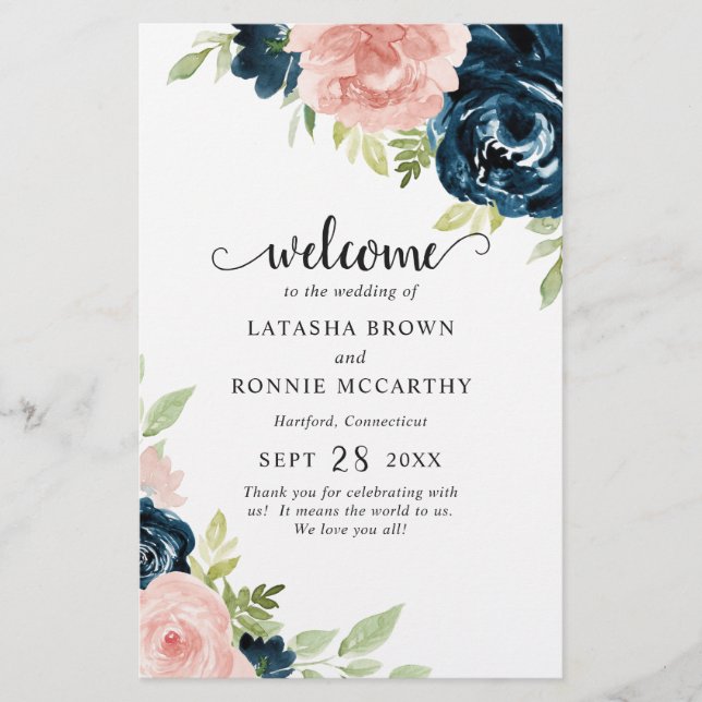 Flyer Programa de Casamento Floral Rosa Bege Azul Marinh (Frente)