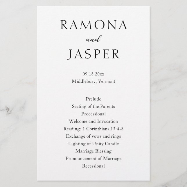 Flyer Programa de Casamento Moderno Simples Negro e Bran (Frente)