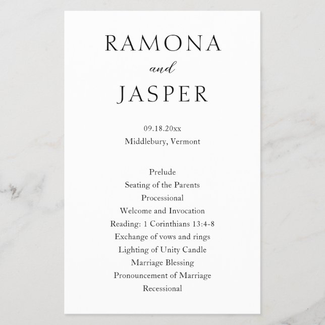 Flyer Programa de Casamento Moderno Simples Negro e Bran (Frente)