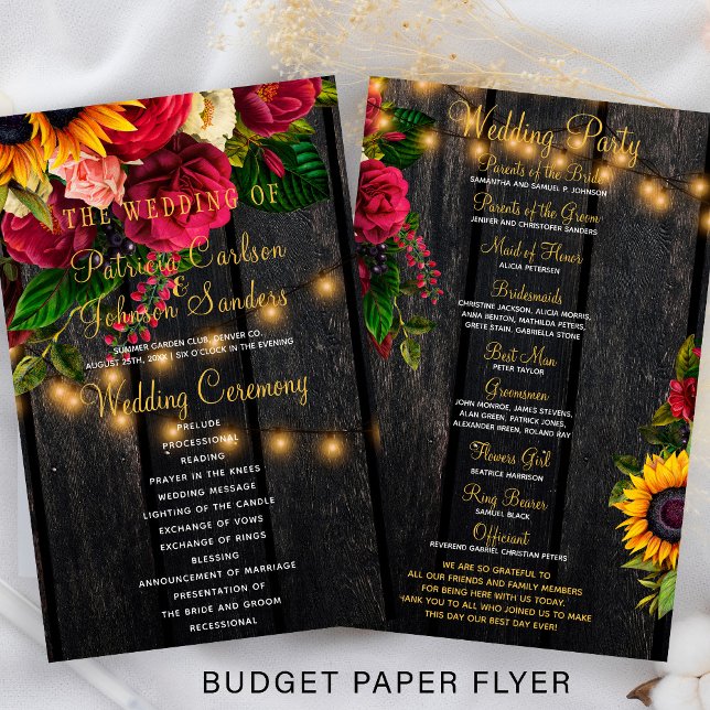 Flyer Programa de casamento para lâmpadas florais rustic (Criador carregado)