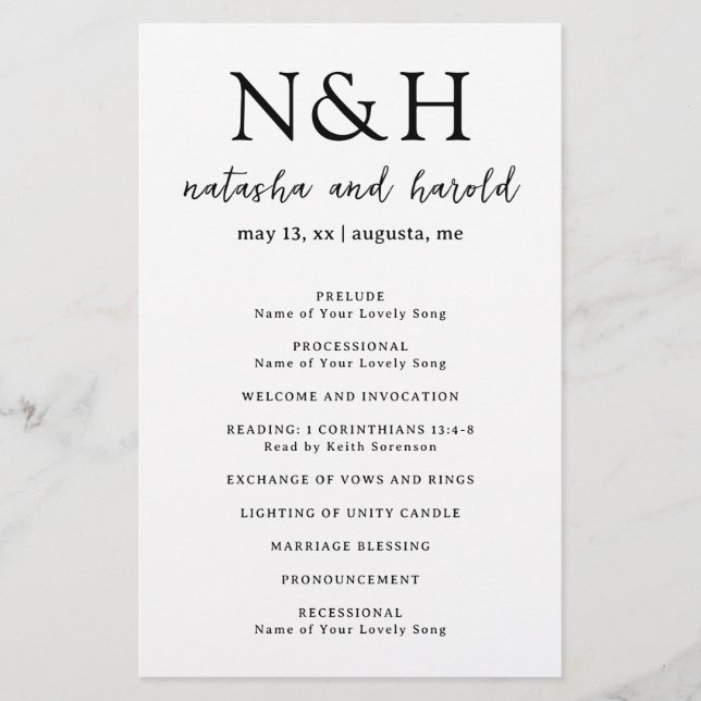 Flyer Programa de Casamento Preto e Branco com Monograma (Frente)