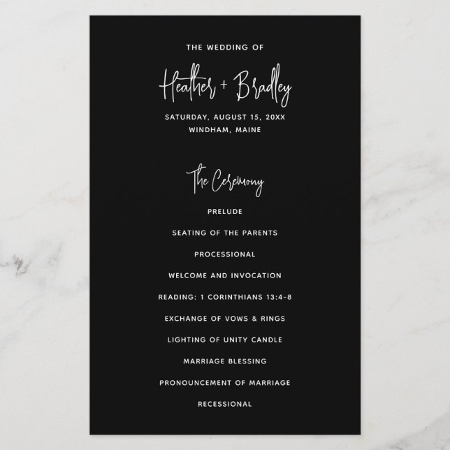 Flyer Programa de Casamento Preto Minimalista Moderno e  (Frente)