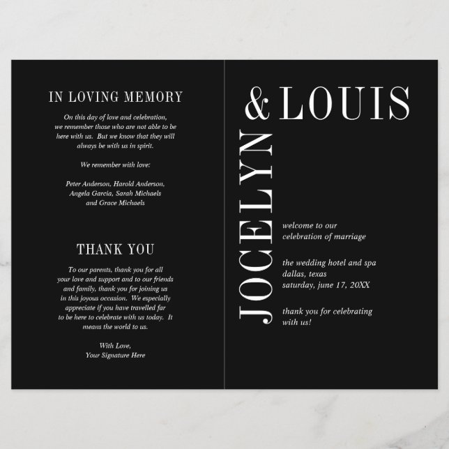 Flyer Programa de Casamento Preto Moderno e Ousado (Frente)