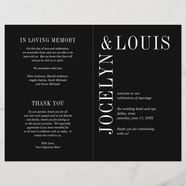 Flyer Programa de Casamento Preto Moderno e Ousado (Frente)