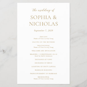 Flyer Programa de Casamento Simples em Ouro Moderno e Ec