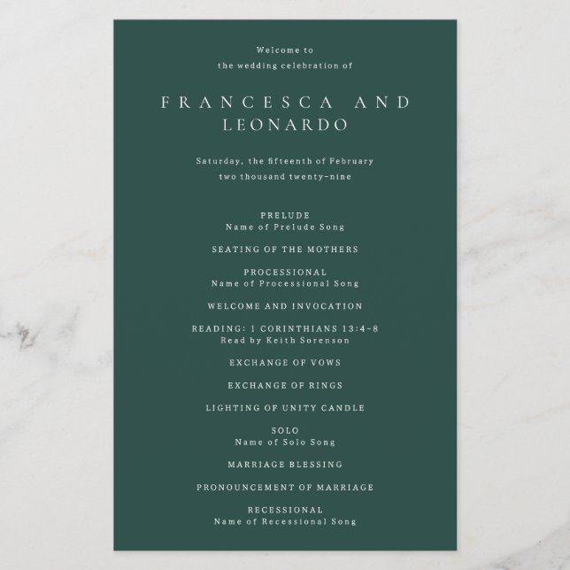 Flyer Programa de Casamento Simples Esmeralda Clássico (Frente)