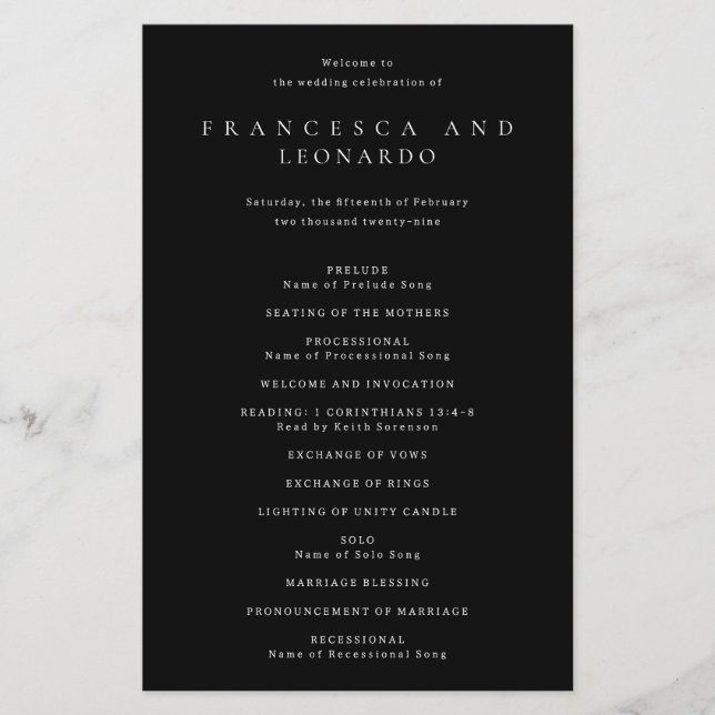 Flyer Programa de Casamento Simples Preto Clássico (Frente)