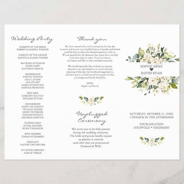 Flyer Programa de Casamento Tri+Fold Flores Brancas Aqua (Frente)