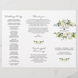 Flyer Programa de Casamento Tri+Fold Flores Brancas Aqua