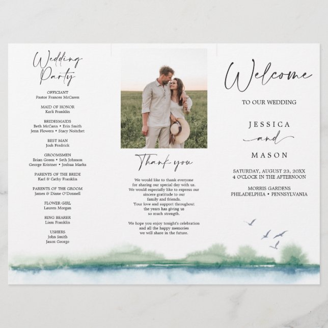 Flyer Programa de Casamento Tri-Fold Mountain Lake (Frente)