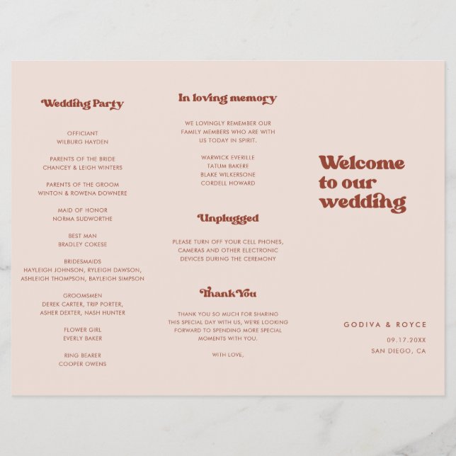 Flyer Programa de Casamento Trifold Rosa Pêssego Retro E (Verso)