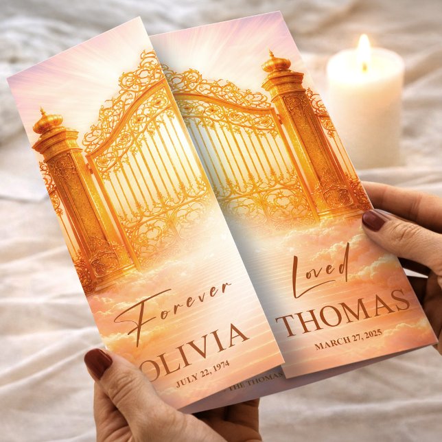 Flyer Programa de Funeral Portas do Céu Douradas Memoria (Funeral Program Gold Heaven’s Gates Memorial Flyer, Funeral for Women, Loss of Mother)