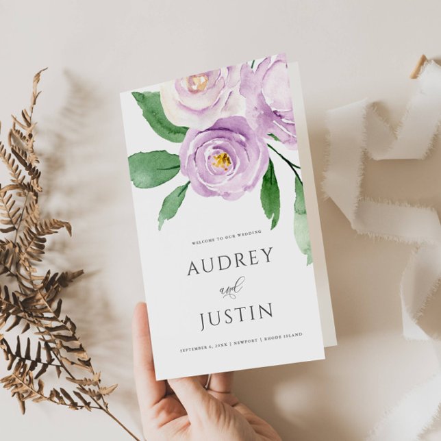 Flyer Programa de Papel de Casamento Floral da lavanda W (Criador carregado)