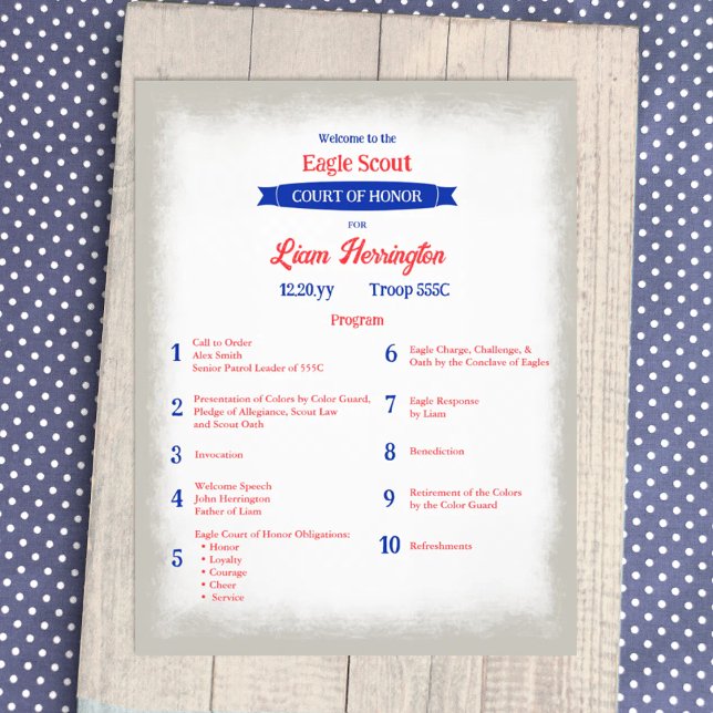 Flyer Programa do Tribunal de Honra da Águia Vermelha, B (patriotic red white and blue eagle scout court of honor ceremony program, flyer for event details)