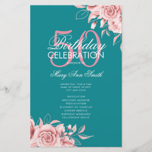 Flyer Programa Floral 50º Aniversário Rosa Dourado Teal