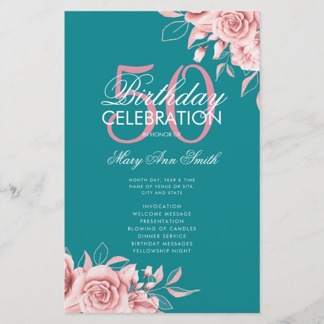 Flyer Programa Floral 50º Aniversário Rosa Dourado Teal  (Frente)
