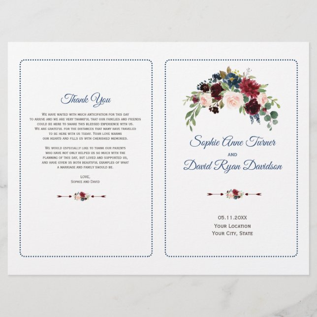 Flyer Programa Floral de Casamento Blush Burgundy Marsal (Frente)