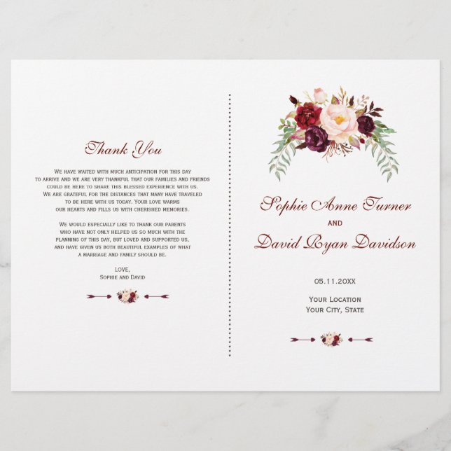 Flyer Programa Floral de Casamento Charm Burgundy Red Ma (Frente)