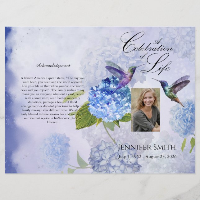 Flyer Programa Funeral Bi-Fold Blue Hydrangeas (Frente)