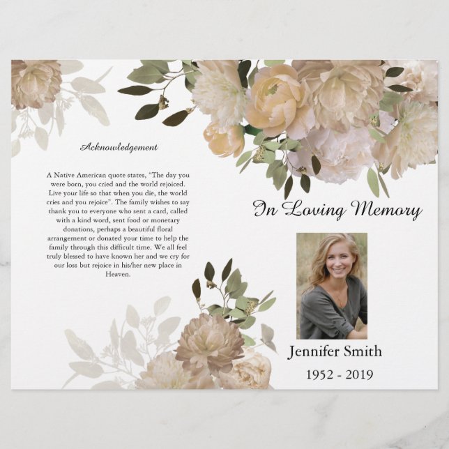 Flyer Programa Funeral Bi-Fold Cream Tan Peony (Frente)