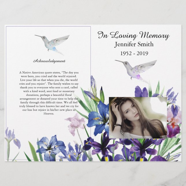 Flyer Programa Funeral Bi-Fold Purple Irises Hummingbird (Frente)