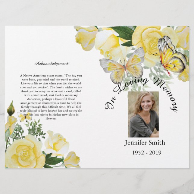 Flyer Programa Funeral Bi-Fold Yellow Roses Butterfly (Frente)
