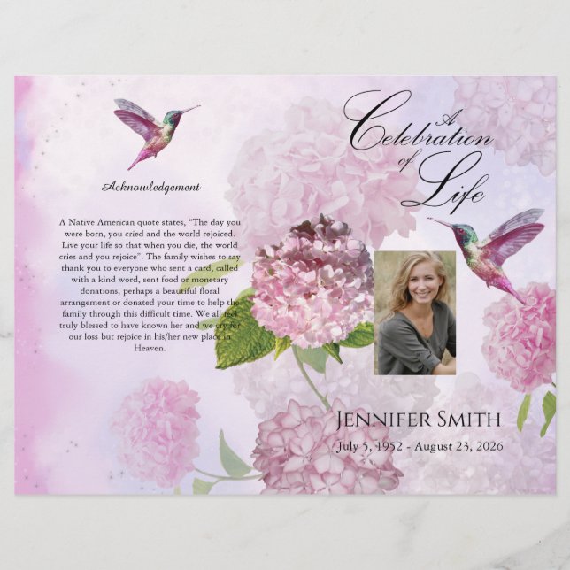 Flyer Programa Funeral de Hummingbird Rosa Hydrangeas (Frente)