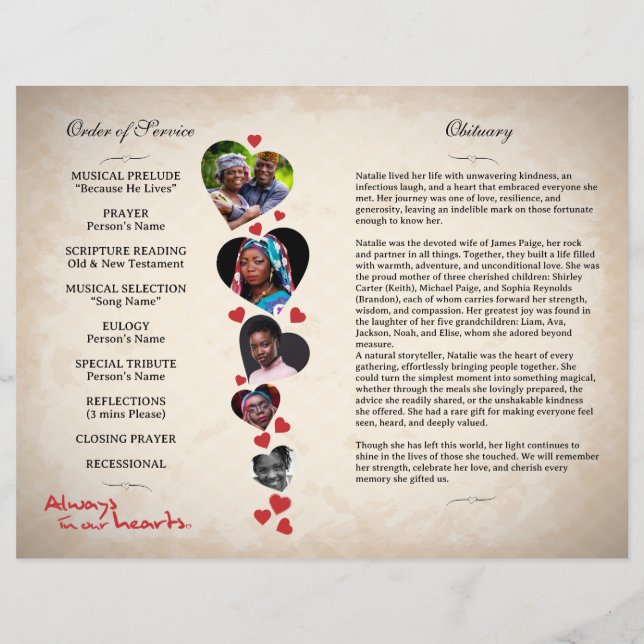 Flyer Programa funerário Beige Grunge temido pelo coraçã (Verso)