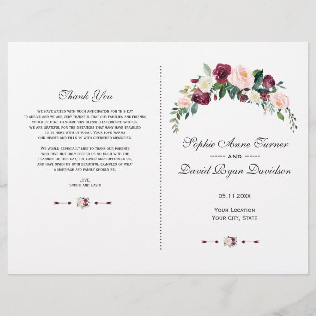 Flyer Programa Rustic Burgundy Blush Floral Pink (Frente)