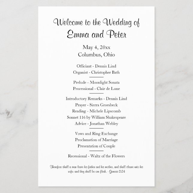 Flyer Programa Simples de Casamento de Papel Meia Folha (Frente)