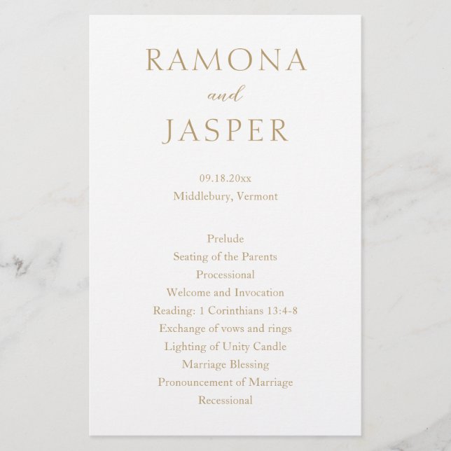 Flyer Programa Simples de Casamento Moderno Dourado (Frente)