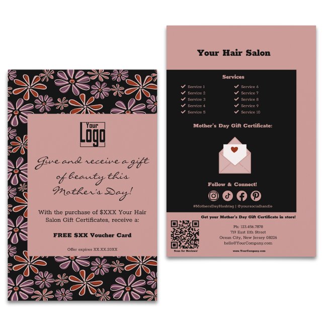Flyer Promoção de Certificado de Presente do Salão para  (Stylist Mother's Day Gift Certificate Promotion Flyer, Black & Pink)