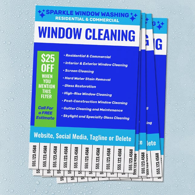 Flyer Promocional de Limpeza da Janela (window cleaning flyer with service list, coupon and tear off phone numbers)