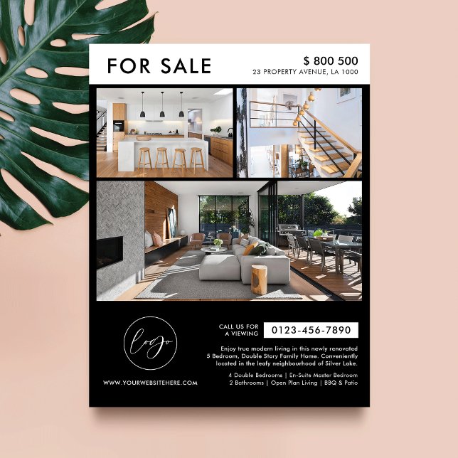 Flyer Propriedade De Fotografias De Logotipo Preto Minim (Minimalist black and white property for sale marketing flyer with photos and your contact details)