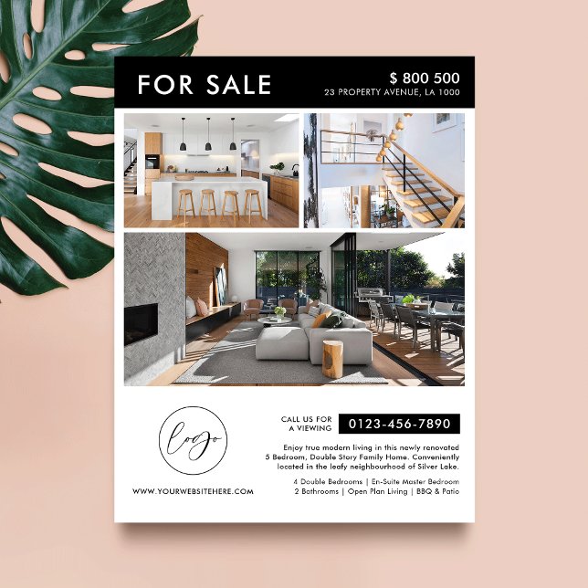 Flyer Propriedade De Marketing De Fotografias De Logotip (Minimalist modern house for sale marketing flyer with photos and your contact details)