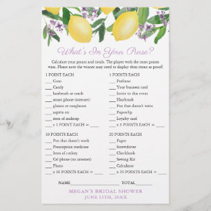 Flyer Purse Scavenger Game Card For Lemons Bridal Shower