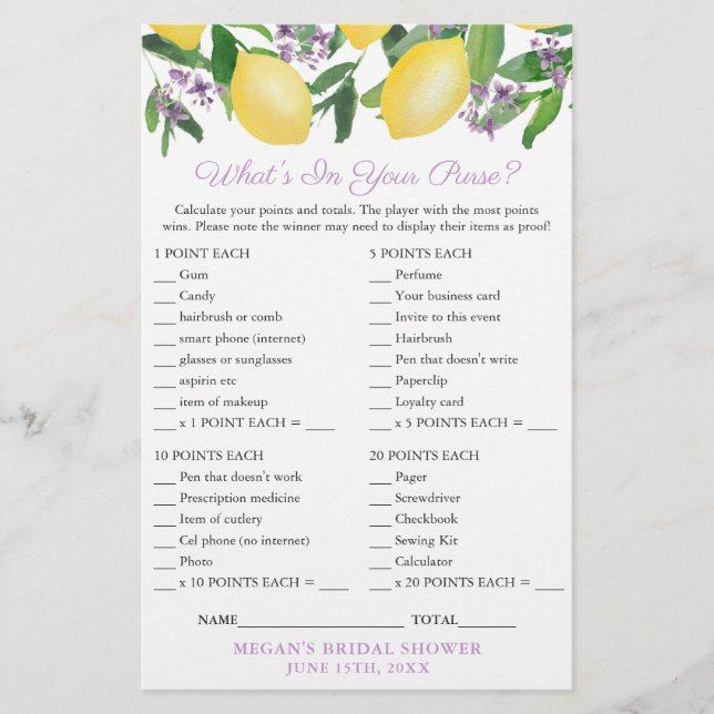 Flyer Purse Scavenger Game Card For Lemons Bridal Shower (Frente)