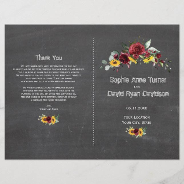 Flyer Queda Burgundy Floral Sunflower Chalkboard (Frente)