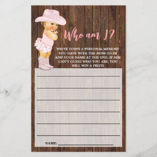 Flyer Quem eu sou Cowgirl Chá de fraldas Pink Game Card