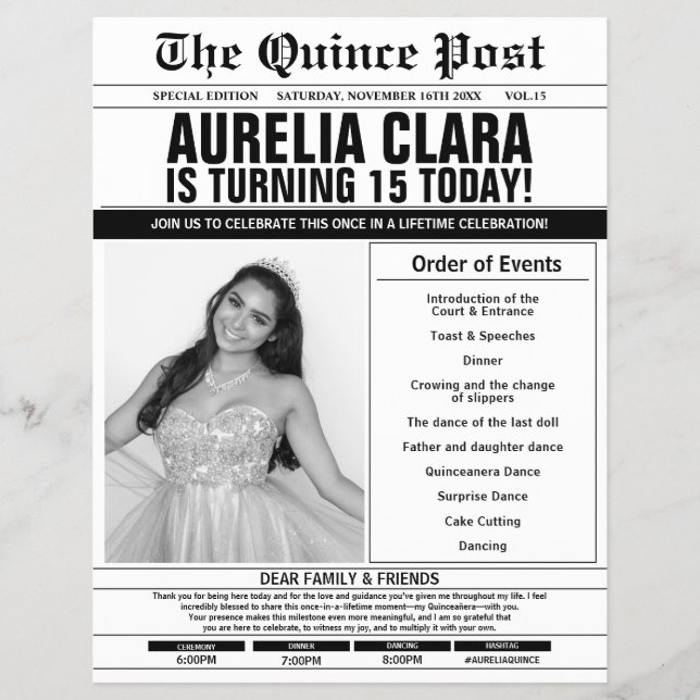 Flyer Quinceañera 15 Programa de Jornais Ordem de Evento (Frente)