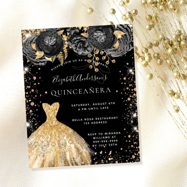 Flyer Quinceanera black gold dress convite floral (Criador carregado)