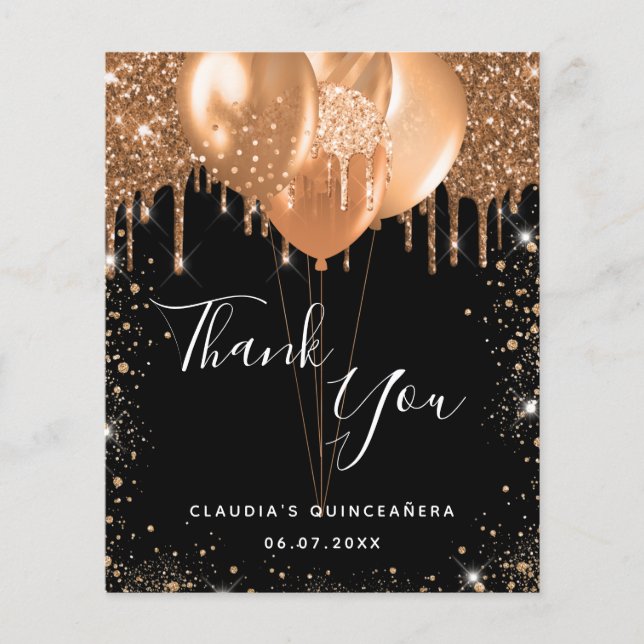 Flyer Quinceanera black gold glitter thank you budget (Frente)