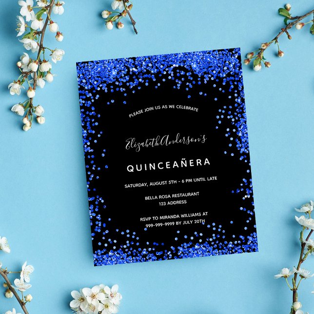 Flyer Quinceanera Black Royal Blue Orçamento convite (Criador carregado)