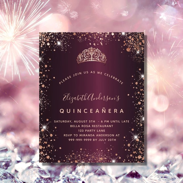 Flyer Quinceanera burgundy rosa gold tiara convite (Criador carregado)